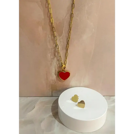 JUEGO CADENA DE ESLABONES CON CORAZÓN EN RESINA + ARETES