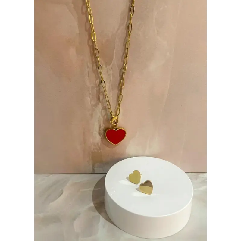 Juego Cadena de Eslabones con Corazón en Resina + Aretes